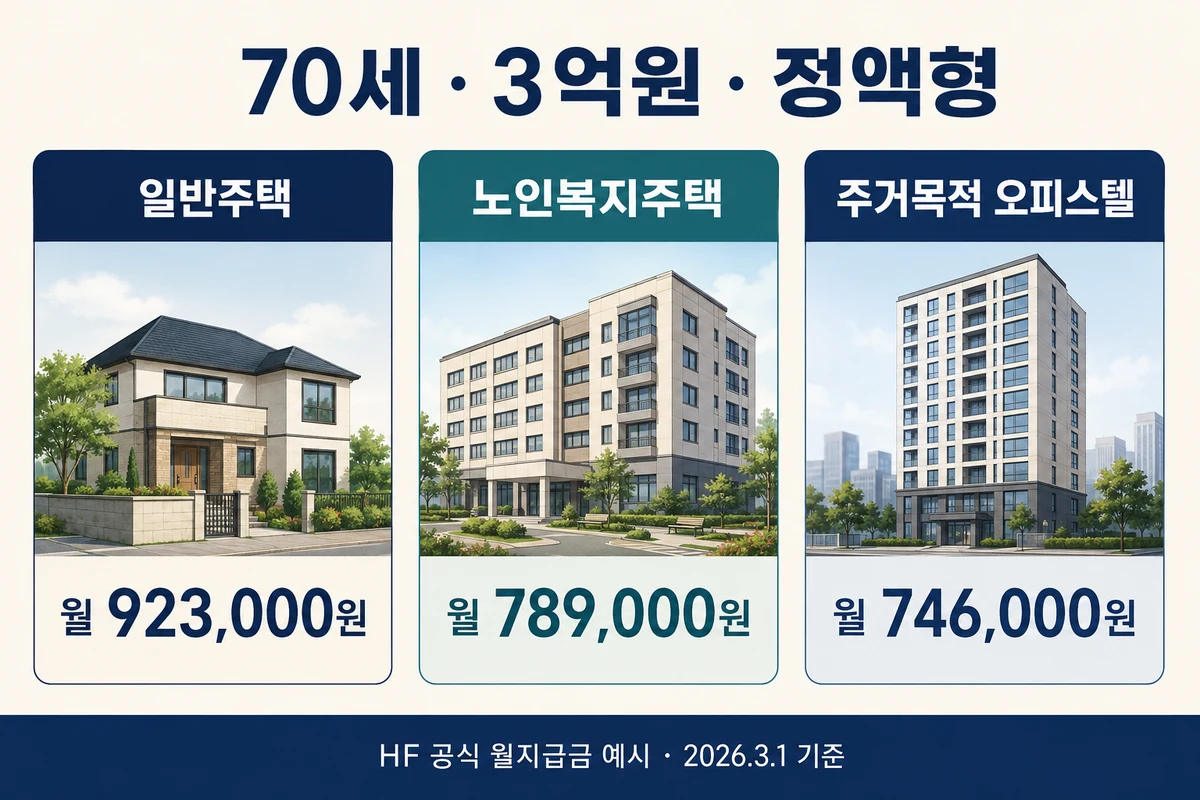 70세 3억원 정액형 월액 일반주택 923,000원, 노인복지주택 789,000원, 오피스텔 746,000원