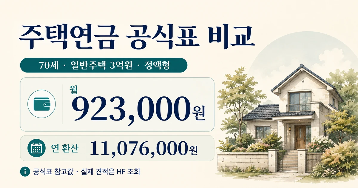 70세 일반주택 3억원 정액형의 공식표 월 923,000원과 연 환산 11,076,000원