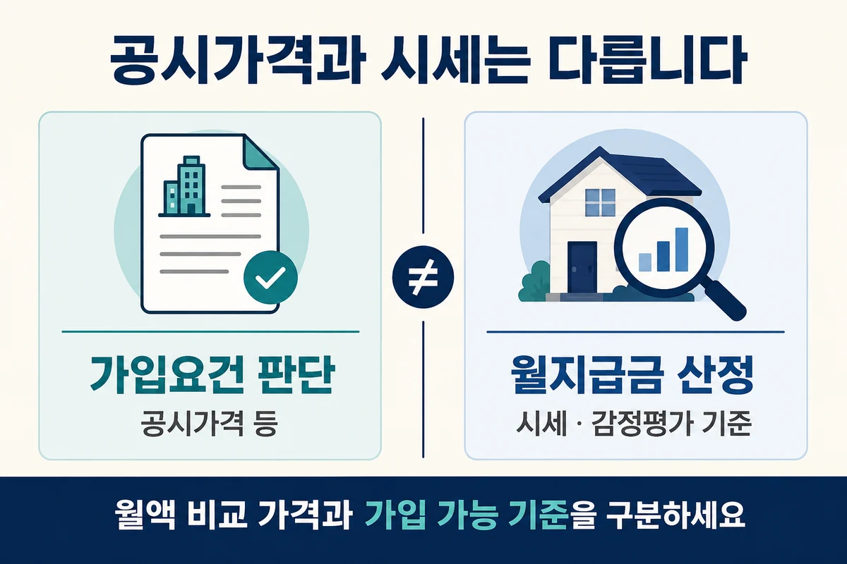 가입요건 판단에 사용하는 공시가격과 월지급금 산정에 사용하는 시세 등 가격의 차이
