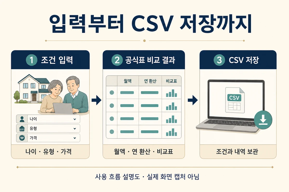 조건 입력에서 공식표 비교 결과로 이동한 뒤 CSV를 저장하는 순서