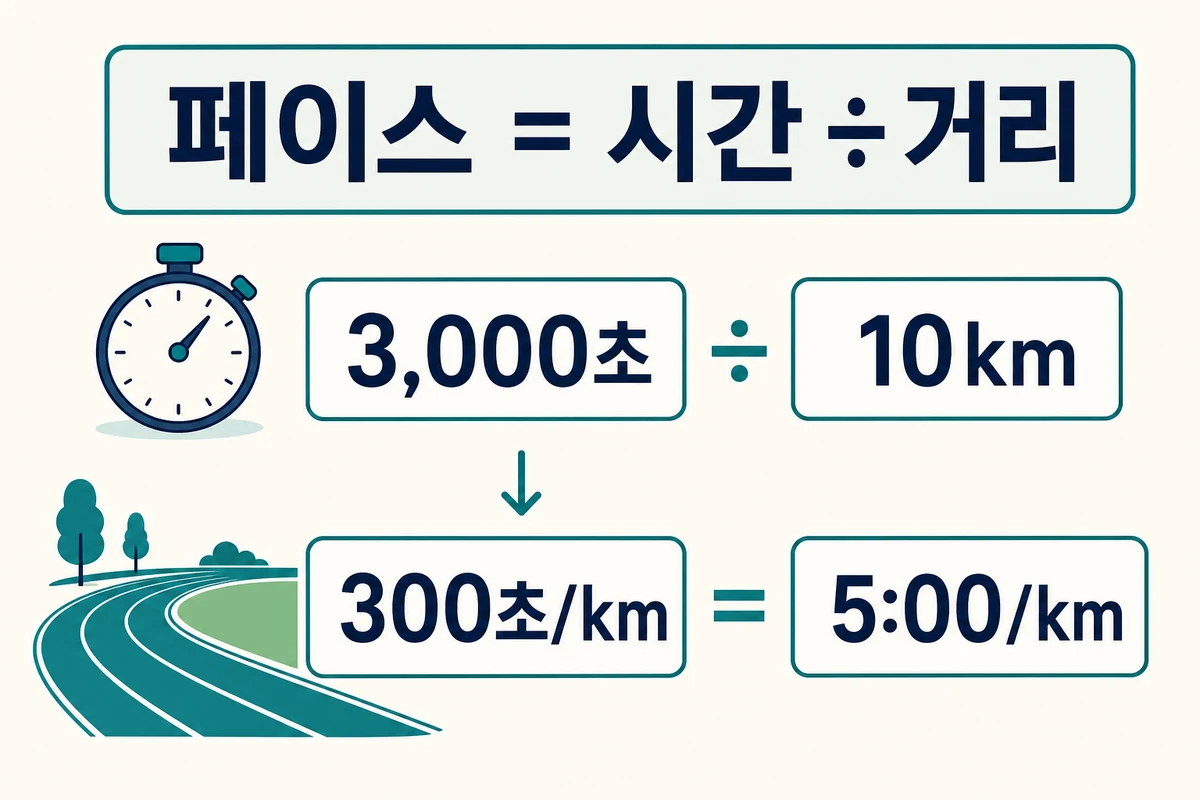 3000초를 10km로 나누면 300초/km 즉 5분/km가 되는 계산식