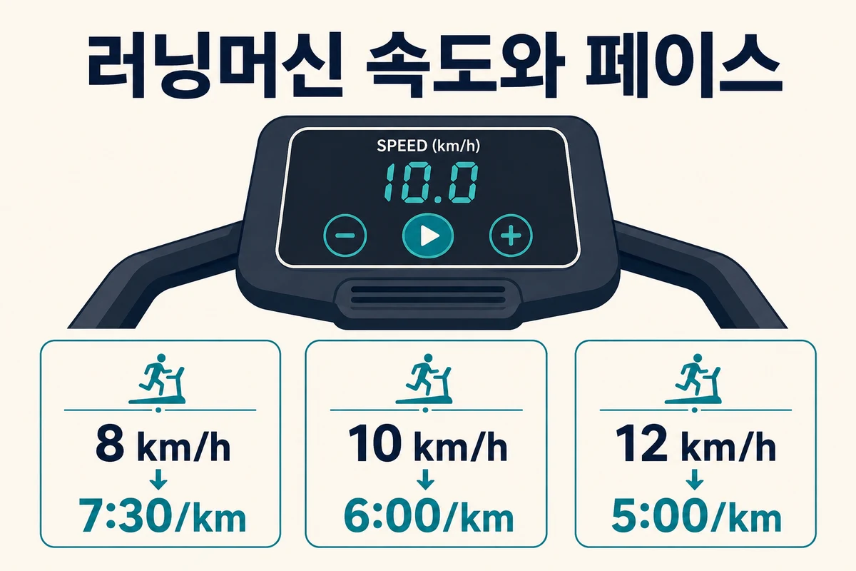 러닝머신 8km/h는 7분30초/km, 10km/h는 6분/km, 12km/h는 5분/km
