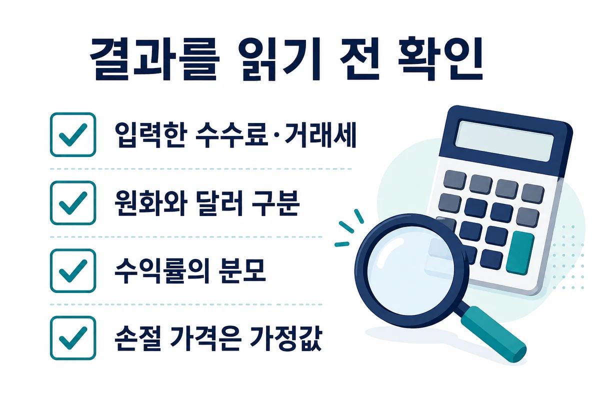 입력 수수료·거래세, 원화와 달러, 수익률 분모, 손절 가격의 가정을 확인하세요.
