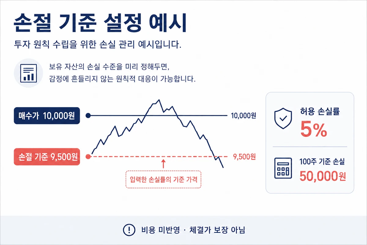 매수가1만원, 가격하락률5%의 손절 기준은9500원이며 100주 비용 미반영 손실은5만원입니다.
