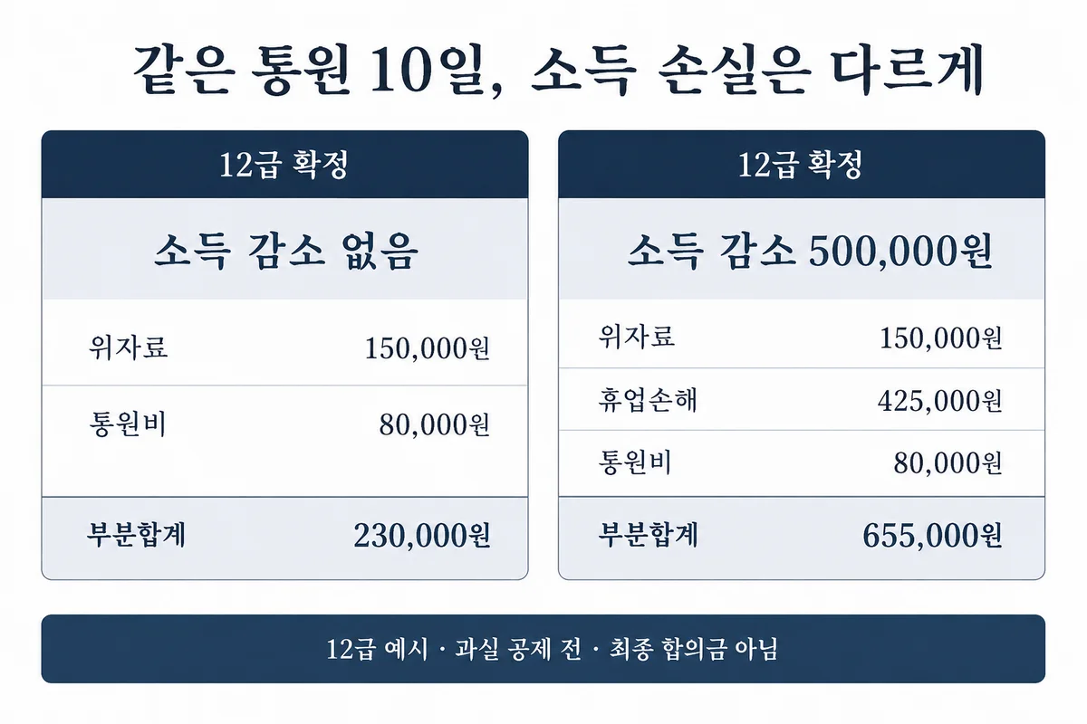 12급 통원 10일의 부분합계 23만원과 소득 감소 50만원을 더한 부분합계 65만5천원 비교