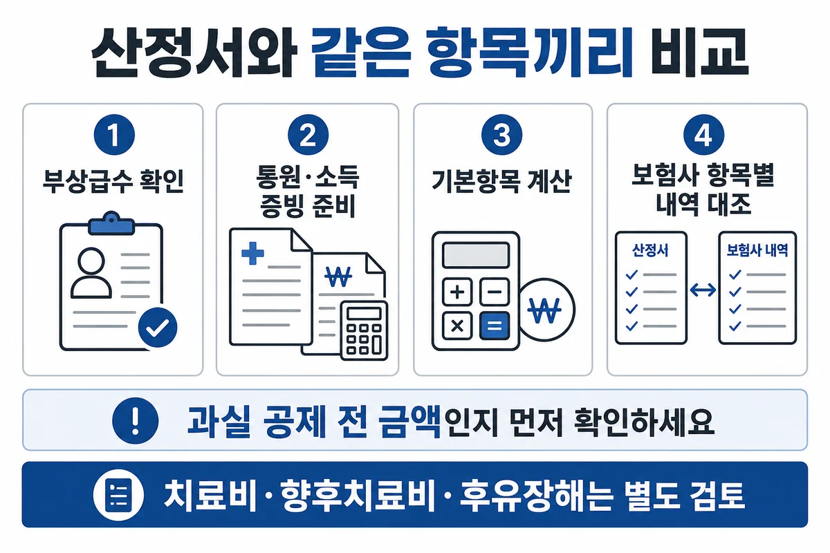 부상급수와 통원·소득 증빙을 준비하고 기본항목 계산 후 보험사 산정서와 대조하는 순서