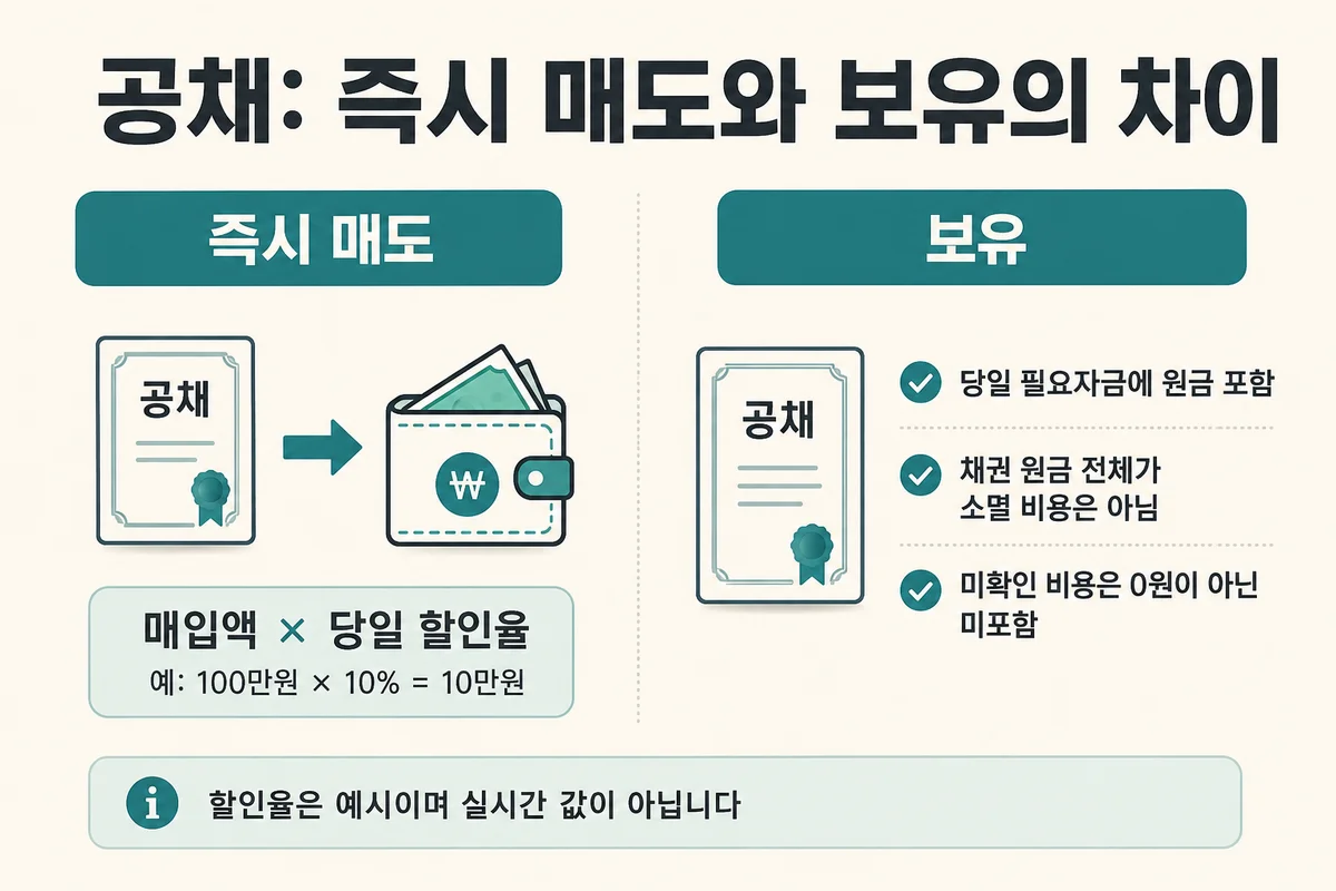 공채 즉시 매도 할인 비용과 보유 원금의 당일 필요자금 구분