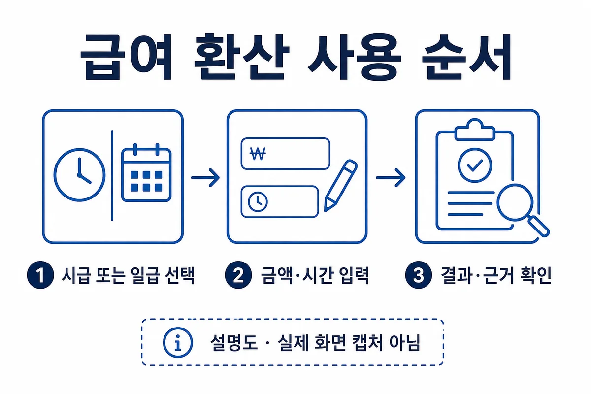 시급 또는 일급 선택, 금액과 시간 입력, 결과와 근거 확인 순서
