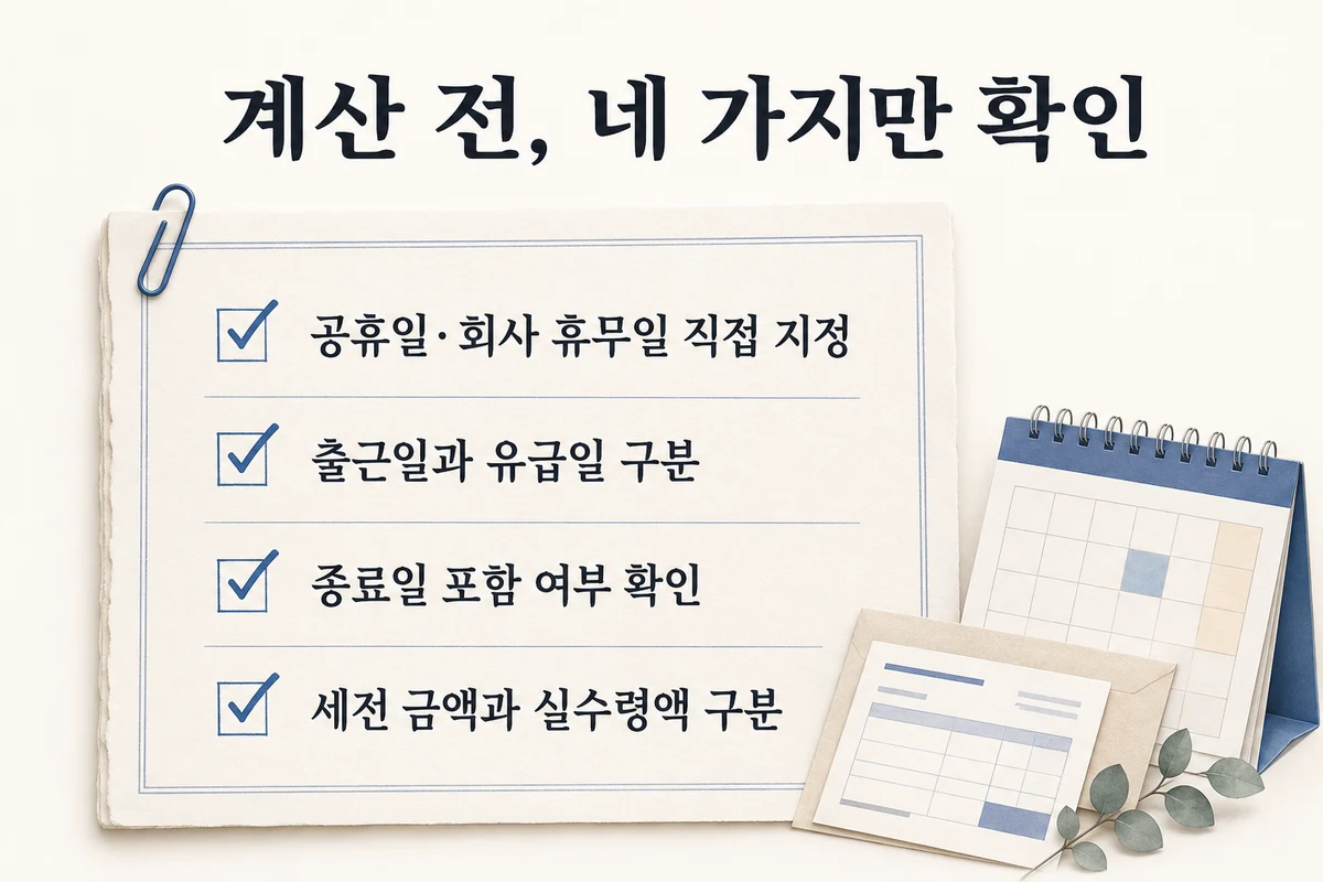 공휴일 직접 지정, 출근일과 유급일 구분, 종료일 포함 여부, 세전 금액 확인 체크리스트