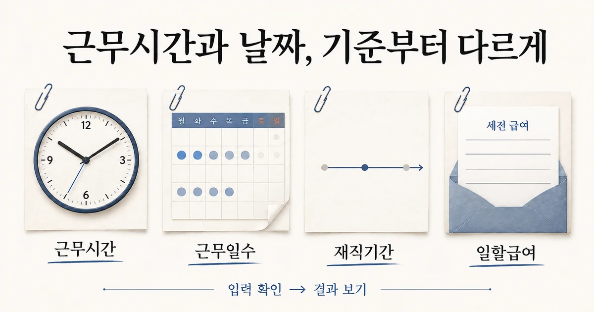 시계, 근무일 달력, 재직기간, 급여 명세로 구분한 근무시간 계산기
