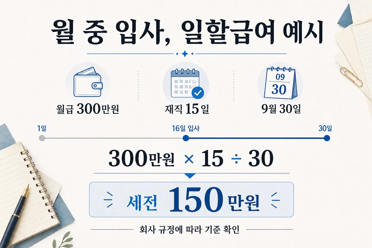 9월 16일 입사 시 월급 300만원에 15일을 곱하고 30일로 나눠 세전 150만원을 계산하는 예시