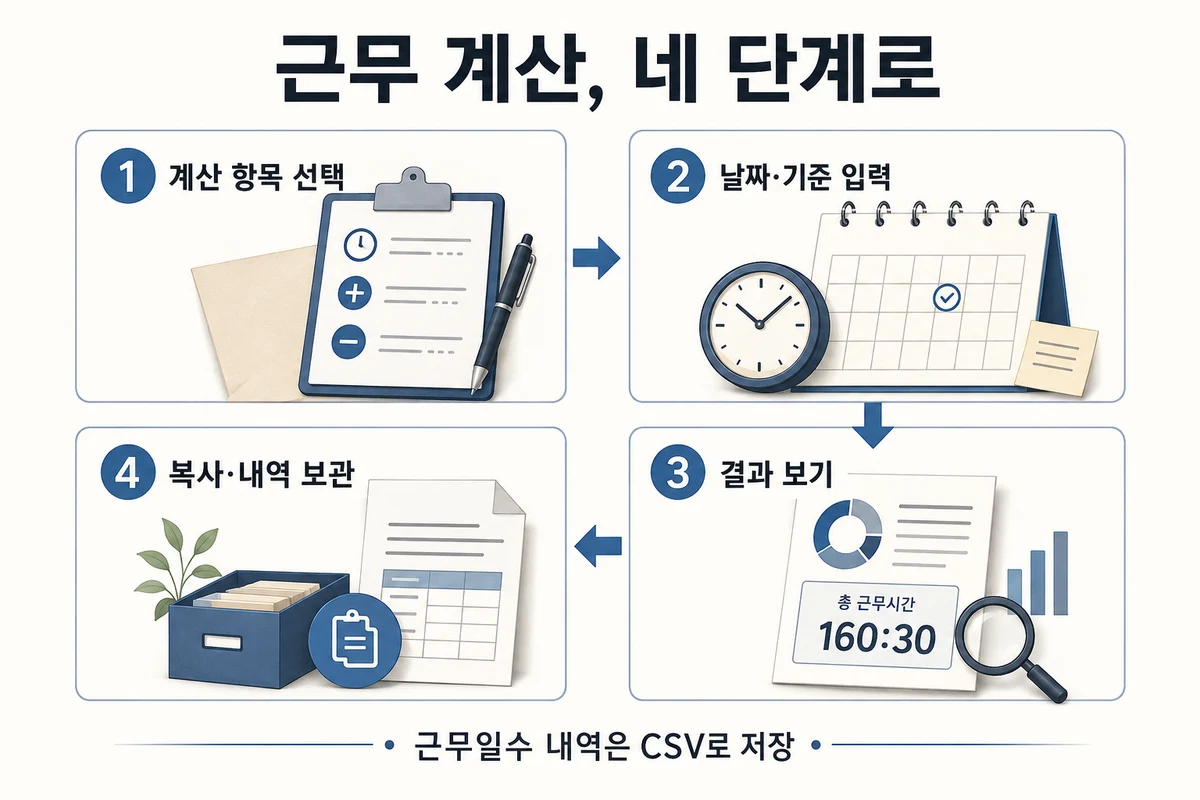 근무 계산 항목 선택, 날짜와 기준 입력, 별도 결과 확인, 복사나 CSV 보관 순서