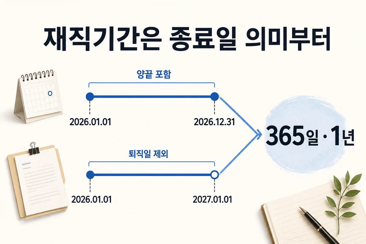 1월 1일부터 12월 31일까지 양끝을 포함하면 365일 1년이 되는 재직기간 계산 예시