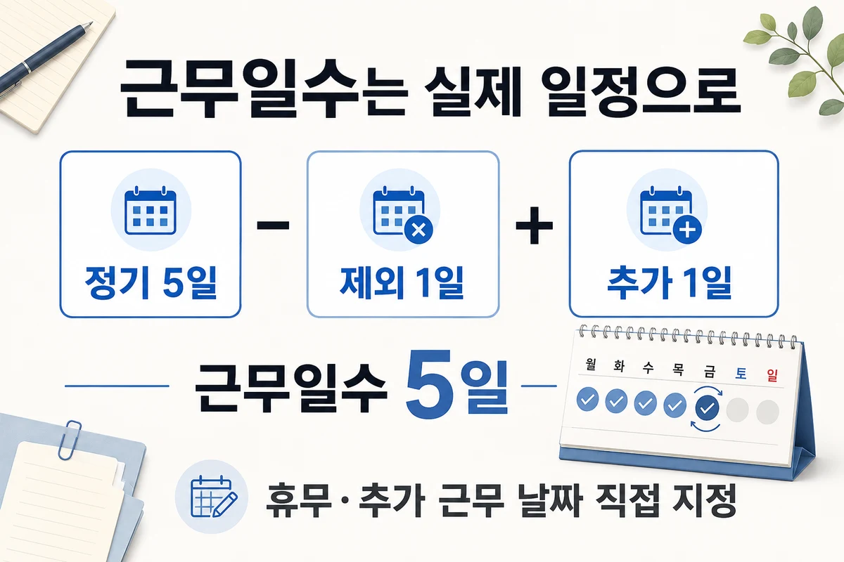 정기 근무 5일에서 제외 1일을 빼고 추가 1일을 더해 근무일수 5일이 되는 예시