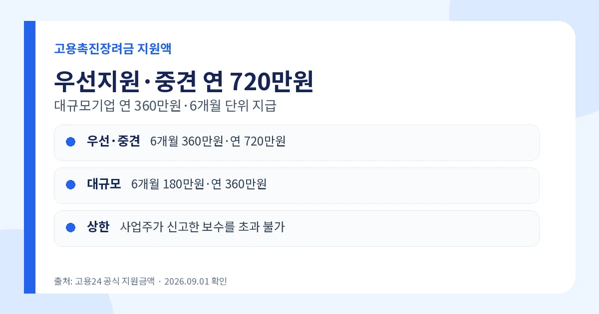 고용촉진장려금 2026 연 720만원·대상·신청방법 2 고용촉진장려금 우선지원 중견기업 연 720만원 대규모기업 360만원