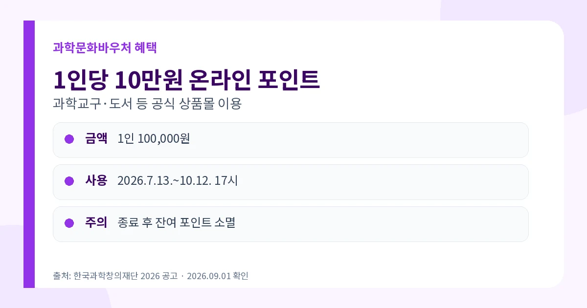 과학문화바우처 2026 10만원·10월 12일까지 사용방법 2 과학문화바우처 2026 1인 10만원 포인트 사용기간